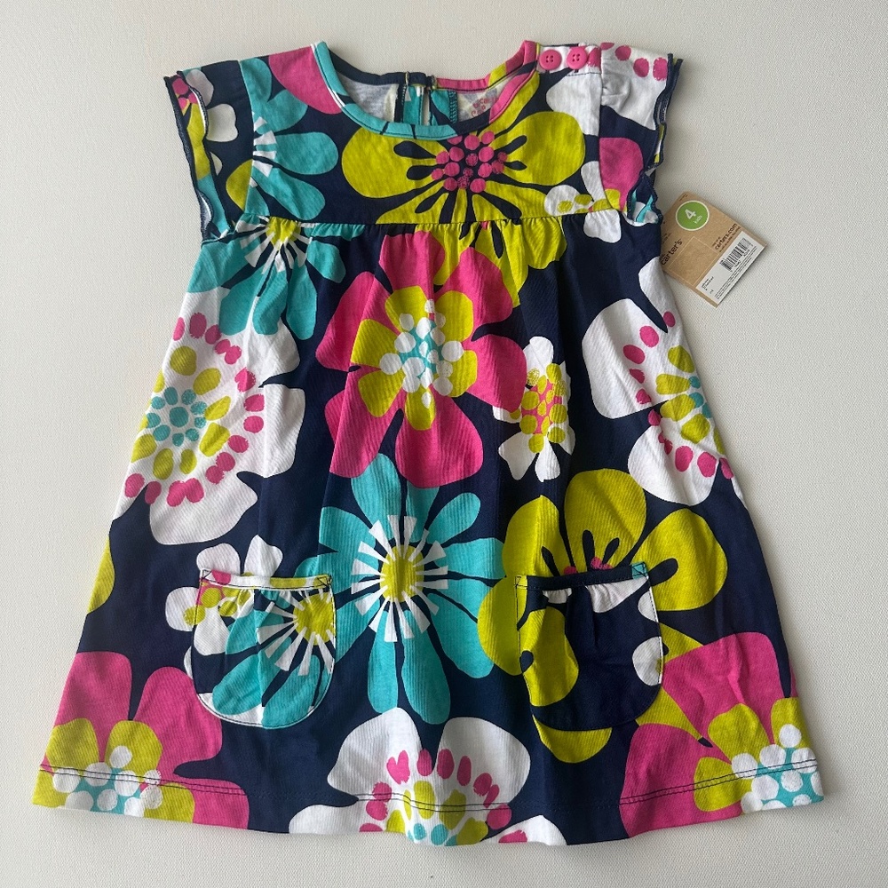 Carter’s Girls 4 Floral Cotton Dress Spring Summer Blue Pink Yellow